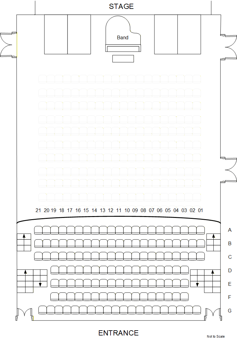 Balcony seating plan: the balcony at the back of the hall, rows A to G, A at the front edge, with stairs on both sides.