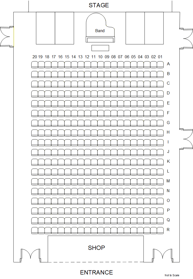 Stalls seating plan: the stage at the top, the band in front of it, then 18 rows of 20 seats, row A nearest the stage to row R at the back, with the shop and entrance behind.
